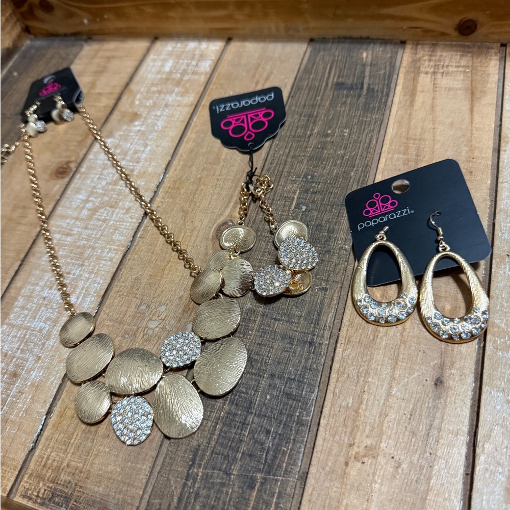 Paparazzi Gold Necklace, Bracelet and Earrings Set with Rhinestone Accents